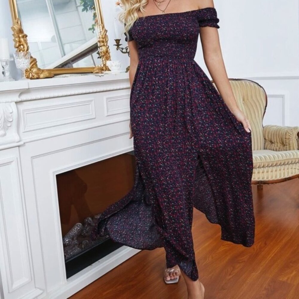 SHEIN OFF SHOULDER SHIRRED BODICE SPLIT HIGH DITSY FLORAL DRESS